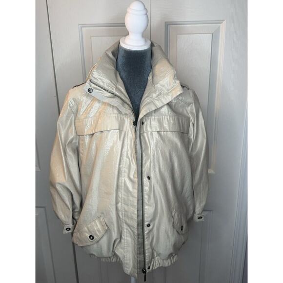 Chico's Metallic Shimmer Utility Jacket Womens Sz 2 (L) Champagne Hooded Hidden - Picture 11 of 15